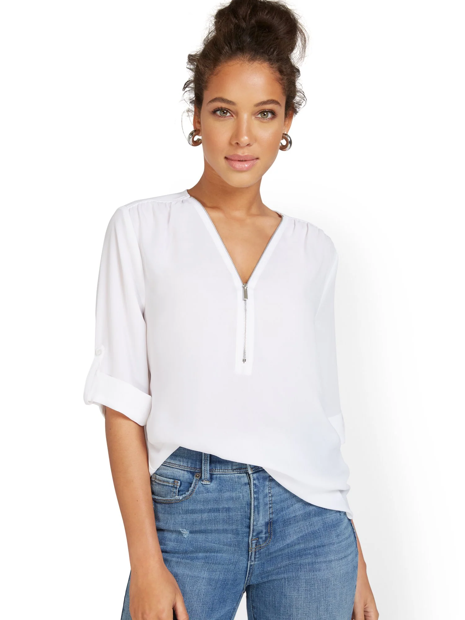 Zip-Front Elbow Blouse - Image 6